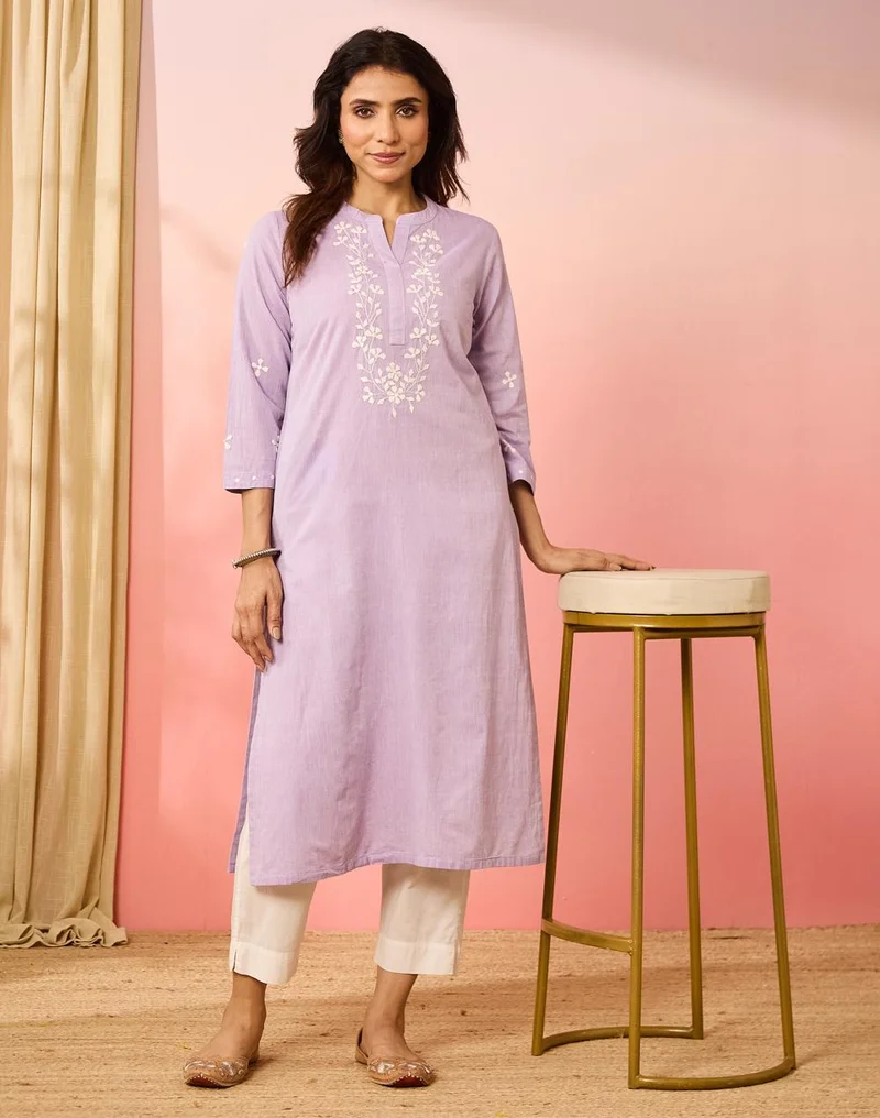 Lavender Cotton Embroidered Long Kurta
