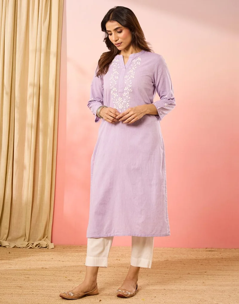 Fabindia  Lavender Cotton Embroidered Long Kurta for Women | Best Price UAE