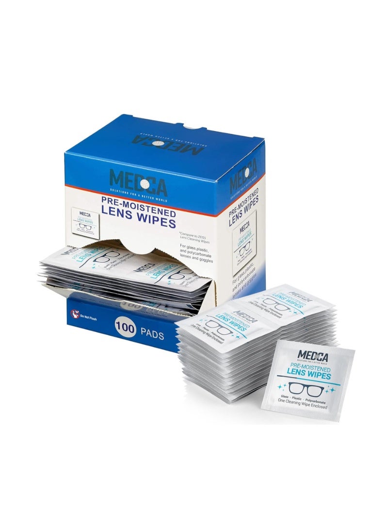 MEDca Premoistened Lens Glass Cleaning Wipes Portable Travel Cleaner for Glasses, Camera, Cell Phone, Smartphone, Tablet Disposable, Quick Drying, Streak Free Individually Wrapped, Pack of 100 - Image 1