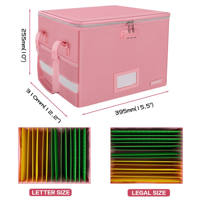 ENGPOW File Box with Lock, Fireproof Document Box with Pockets, Collapsible File Organizer Filing Storage Cabinet with Handle, Portable Home Office Safe for Hanging Letter/Legal Folders, Pink, 2 Pack - Image 5