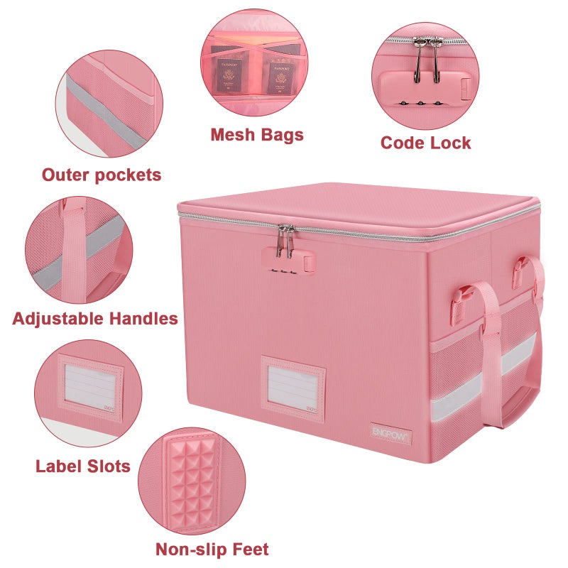 ENGPOW File Box with Lock, Fireproof Document Box with Pockets, Collapsible File Organizer Filing Storage Cabinet with Handle, Portable Home Office Safe for Hanging Letter/Legal Folders, Pink, 2 Pack - Image 4