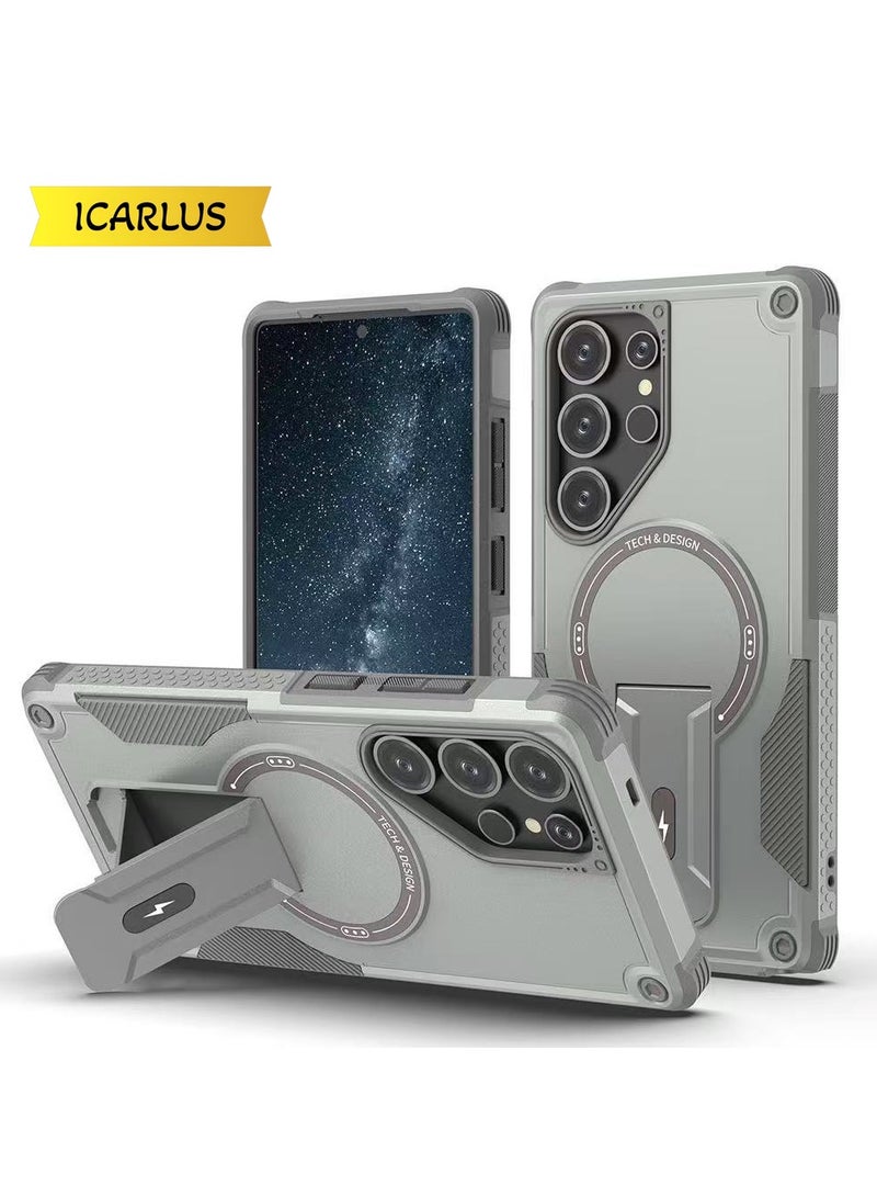 ايكارلوس حافظة هاتف سامسونج جالكسي S24 ألترا مع حامل متوافق مع ماج سيف ذات طبقتين ومضادة للسقوط، باللون الرمادي - Image 1