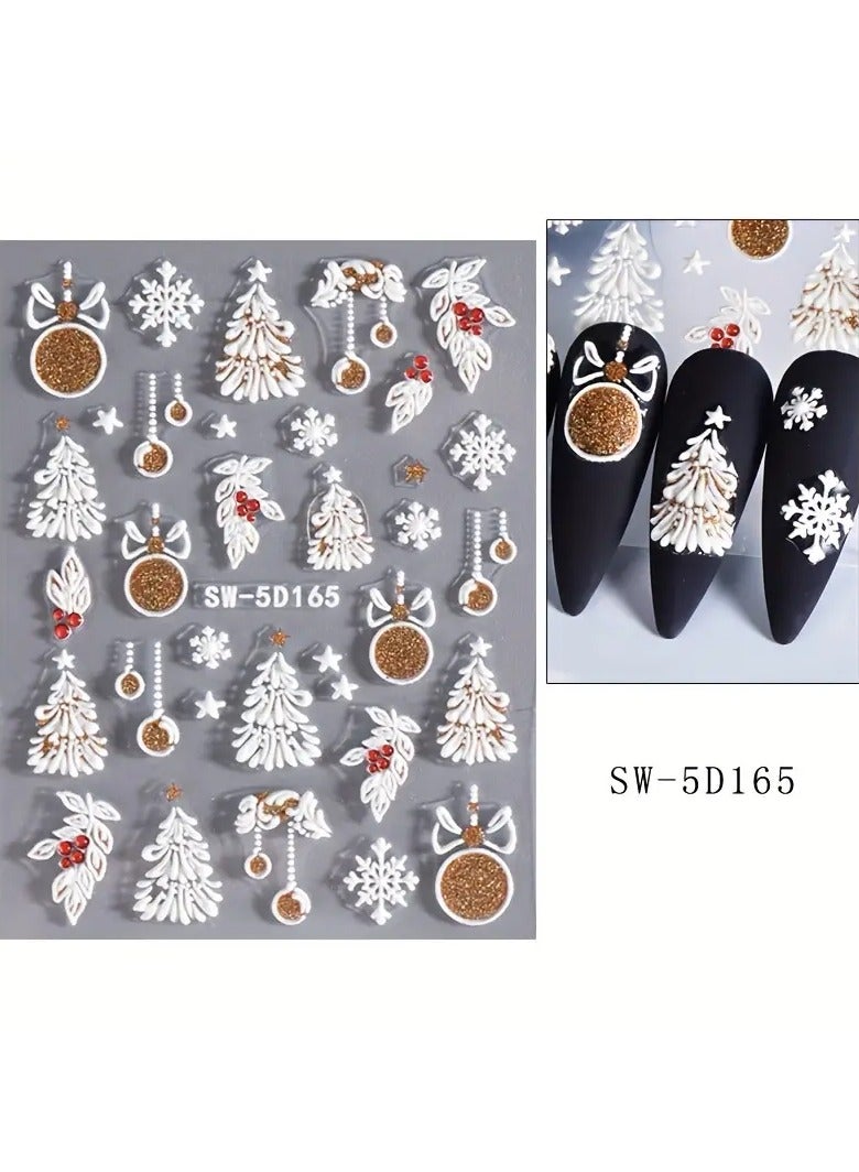 Rozino 1 Sheet 5D Embossed Nail Art Stickers, Winter Snowflake Snowman Tree Bell Elk Pattern Self-Adhesive Nail Decals, DIY Nail Salon Nail Decorations, Nail Art Supplies - Image 2