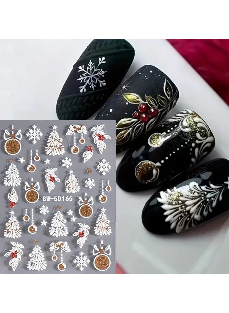 Rozino 1 Sheet 5D Embossed Nail Art Stickers, Winter Snowflake Snowman Tree Bell Elk Pattern Self-Adhesive Nail Decals, DIY Nail Salon Nail Decorations, Nail Art Supplies - Image 4