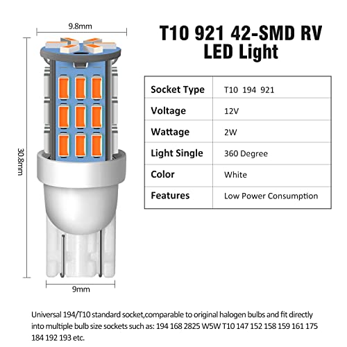 ACOHUIKE T10 921 194 168 175 LED Bulbs Warm White 20-Packs, Super Bright 3014 42-SMD Replacement 12 Volt RV Camper Trailer Boat Trunk Interior Dome Map License Lights, Backup Reverse Lights - Image 3