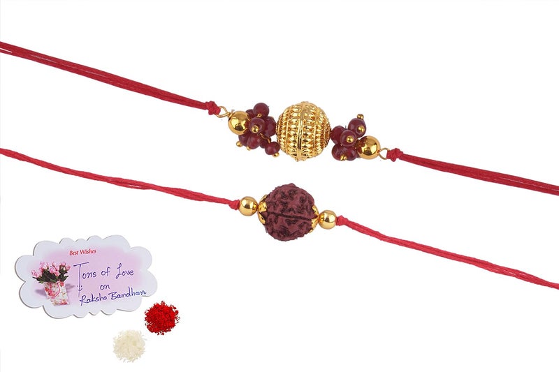 JFL Mens - Jewelleryforless Handmade Combo Panch Mukhi Rudraksh Gold Bead Rakhi Set For Brother Bhaiya With Roli Chawal And Hand Written Greeting Note Of Raksha Bandhan - Image 1