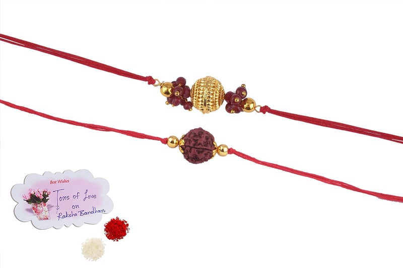 JFL Mens - Jewelleryforless Handmade Combo Panch Mukhi Rudraksh Gold Bead Rakhi Set For Brother Bhaiya With Roli Chawal And Hand Written Greeting Note Of Raksha Bandhan - Image 4
