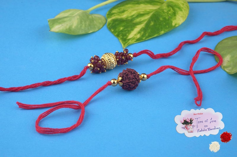JFL Mens - Jewelleryforless Handmade Combo Panch Mukhi Rudraksh Gold Bead Rakhi Set For Brother Bhaiya With Roli Chawal And Hand Written Greeting Note Of Raksha Bandhan - Image 2