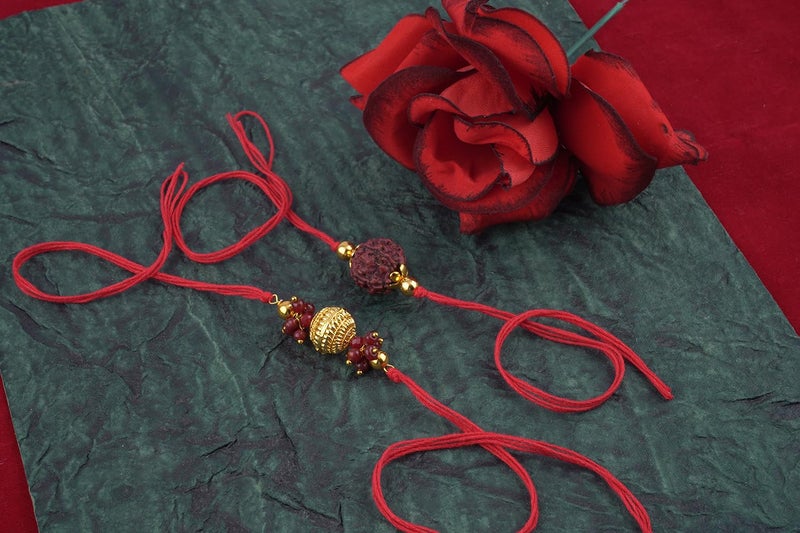 JFL Mens - Jewelleryforless Handmade Combo Panch Mukhi Rudraksh Gold Bead Rakhi Set For Brother Bhaiya With Roli Chawal And Hand Written Greeting Note Of Raksha Bandhan - Image 3