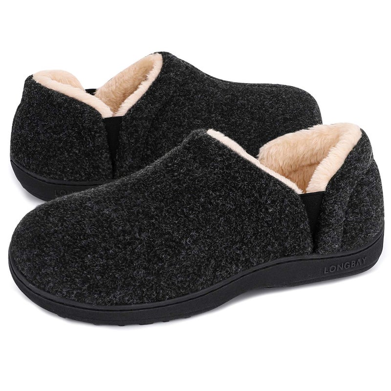LongBay Men's Slippers Felt Warm Bedroom House Shoes Slip-On Memory Foam Slippers for Indoor Outdoor (Black, 9-10) - Image 1