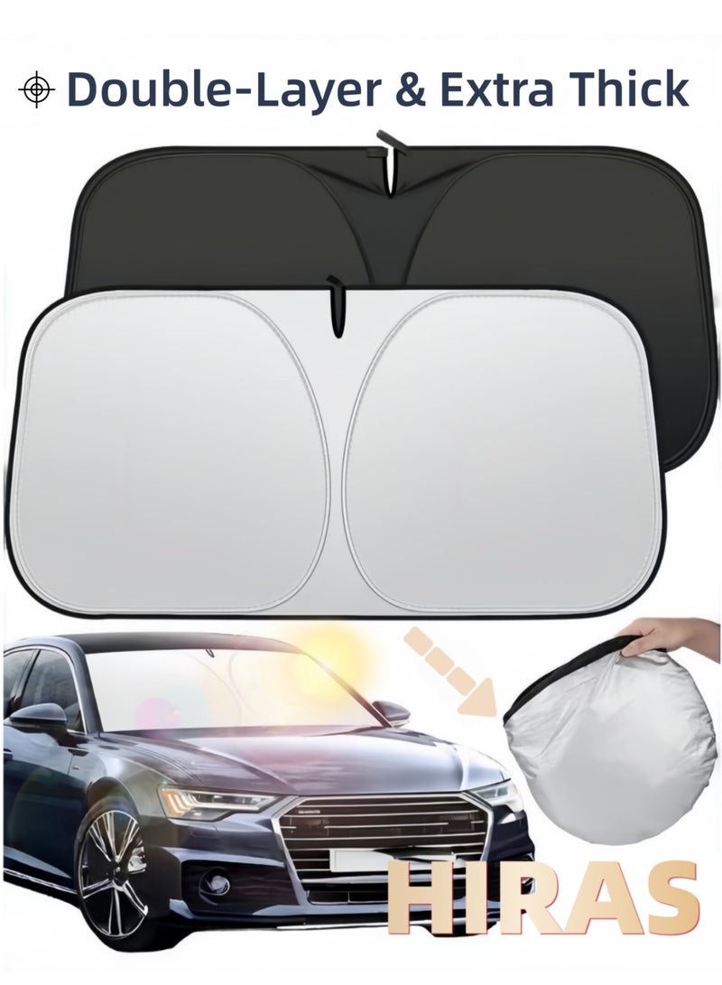 حِرَاس واقي شمسي ممتاز للزجاج الأمامي للسيارة قابل للطي مع حقيبة تخزين - عاكس للحرارة يحجب 99% من أشعة UV، يبقي السيارة أكثر برودة، يناسب معظم السيارات والدفع الرباعي والشاحنات (150x80 سم) - Image 1