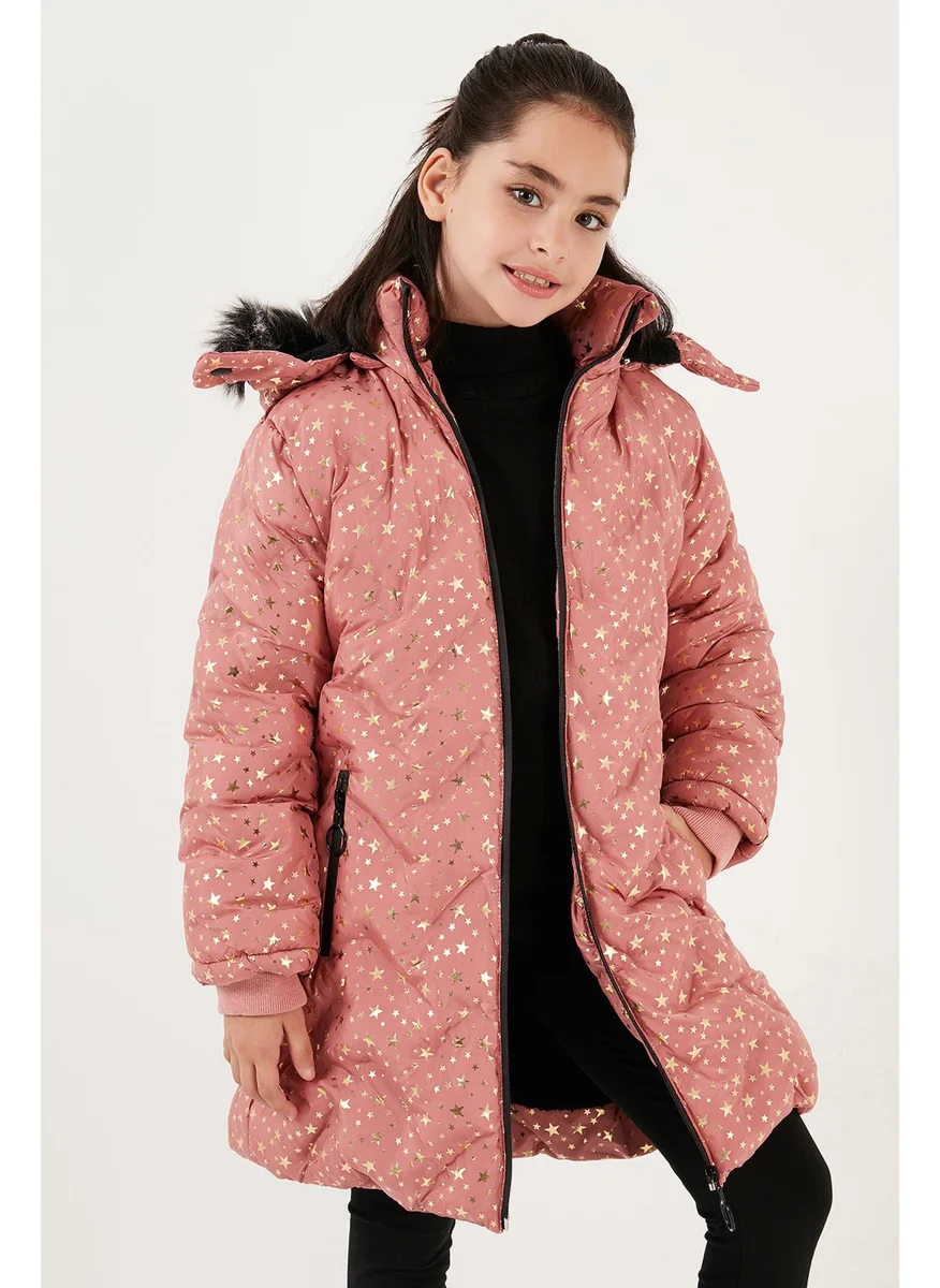 Lela Collar Faux Fur Star Pattern Removable Hooded Plush Lined Winter Coat Girl's Coat 5760050