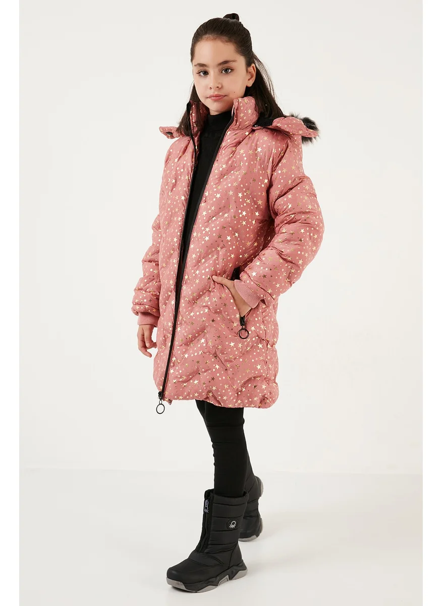 Lela Collar Faux Fur Star Pattern Removable Hooded Plush Lined Winter Coat Girl's Coat 5760050