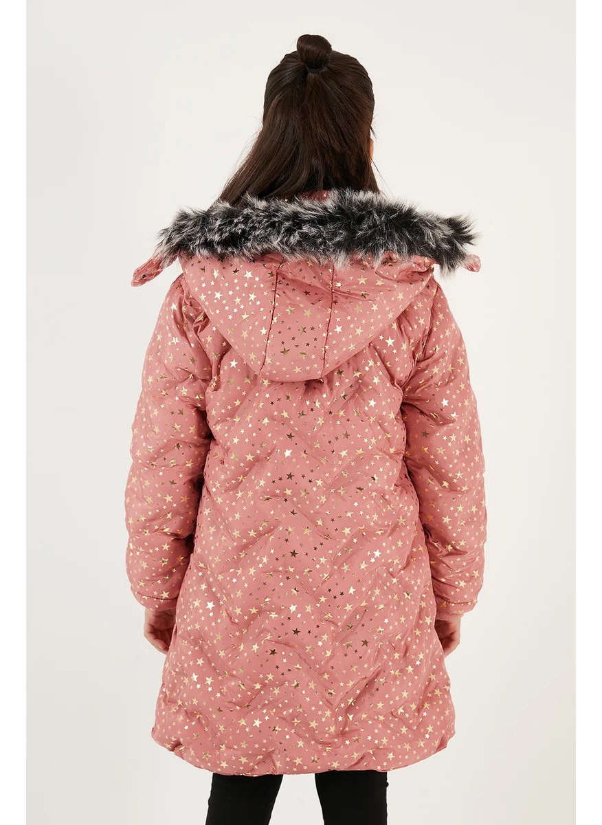 Lela Collar Faux Fur Star Pattern Removable Hooded Plush Lined Winter Coat Girl's Coat 5760050