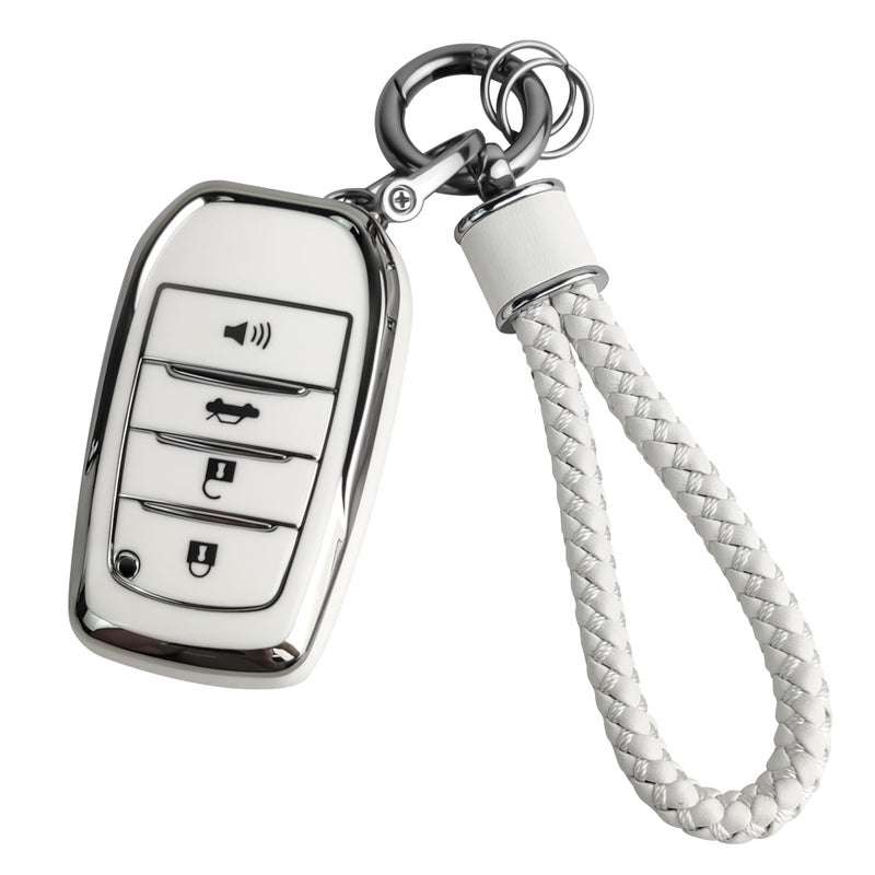 JOYEAR for Toyota Keychain with Key Fob Cover Compatible with 2025 Camry20212024 VenzaGrand HighlanderHiluxFortuner Land Cruiser20222024 TundraCorolla CrossPrius 4 ButtonsSilverWhite