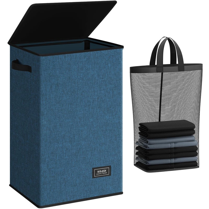 SOLEDI Laundry Hamper with Lid 90L Large & Tall Collapsible Laundry Basket, Clothes Hamper with Bag Removable Easy to Carry, Dirty Hampers for Bedroom, Bathroom, Dorm, College, Blue - Image 1
