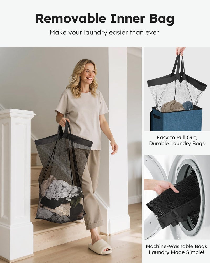 SOLEDI Laundry Hamper with Lid 90L Large & Tall Collapsible Laundry Basket, Clothes Hamper with Bag Removable Easy to Carry, Dirty Hampers for Bedroom, Bathroom, Dorm, College, Blue - Image 4