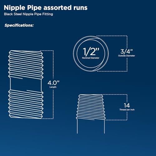 SupplyGiant 1/2 x 4 Inch Black Steel Pipe (10-Pack), Heavy Duty Industrial Malleable Iron Pipes, Pre Cut Threaded Nipple Great For All DIY Furniture And Black Pipe Shelving - Image 2