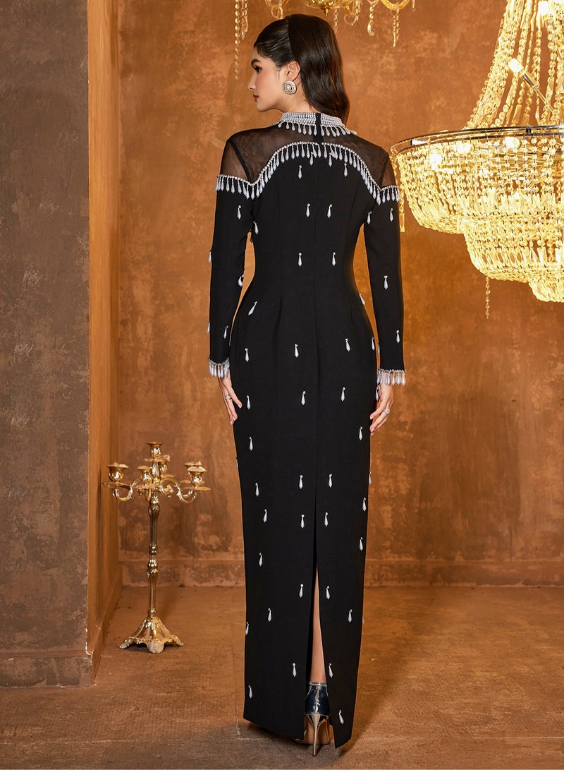 Madam Uniq Luxury Pearl Beaded Rhinestone-Embellished Mesh Long Dress - Image 3