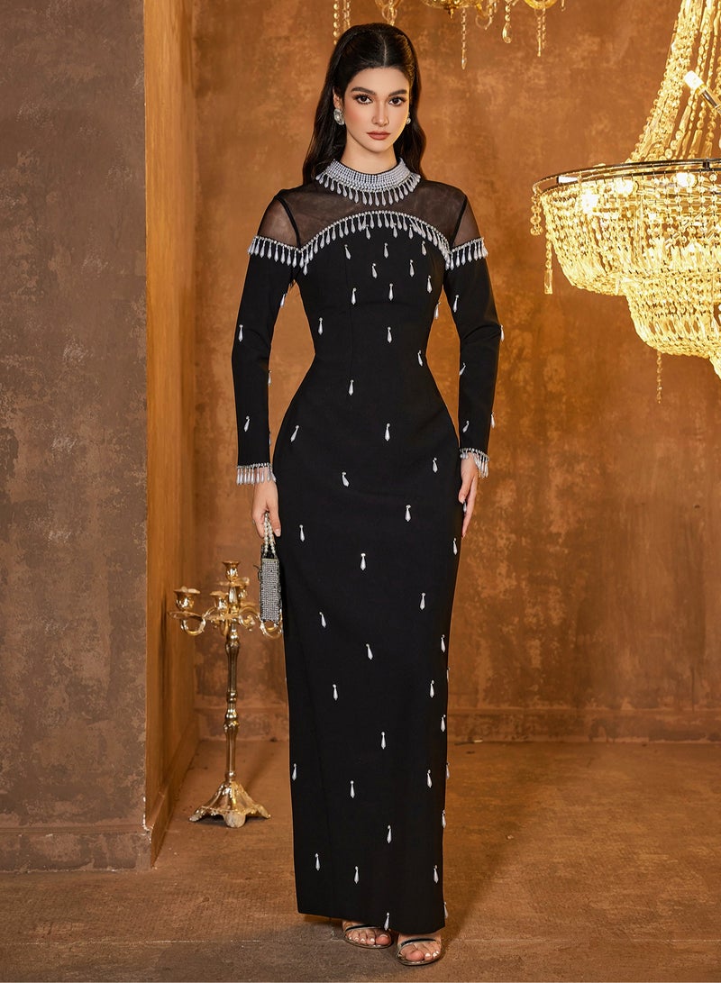 Madam Uniq Luxury Pearl Beaded Rhinestone-Embellished Mesh Long Dress - Image 5