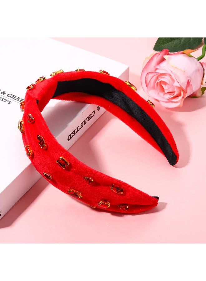 BVGA Valentine's Day Crystal Knotted Jeweled Red Headband for Women Rhinestone Embellished Hairband Top Knot Headbands Summer Luxury Fashion Wide Ladies Hair Accessories for (Red Velvet) - Image 2
