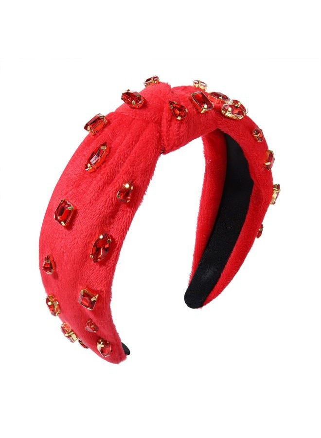 BVGA Valentine's Day Crystal Knotted Jeweled Red Headband for Women Rhinestone Embellished Hairband Top Knot Headbands Summer Luxury Fashion Wide Ladies Hair Accessories for (Red Velvet) - Image 1