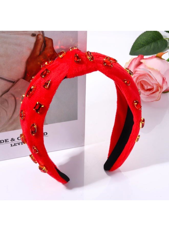 BVGA Valentine's Day Crystal Knotted Jeweled Red Headband for Women Rhinestone Embellished Hairband Top Knot Headbands Summer Luxury Fashion Wide Ladies Hair Accessories for (Red Velvet) - Image 4