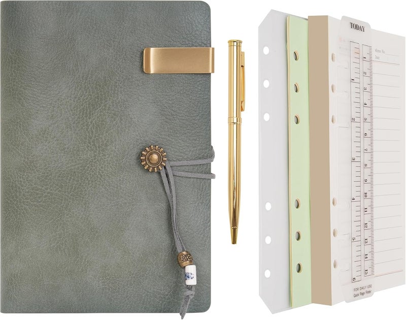 WONDERPOOL Leather Diary Notebook Ring Binder - Refillable Folder Writing Paper Spiral Business Notepads Vintage Cover for Office Plan Travel Organiser (A-Green, A6) - Image 1