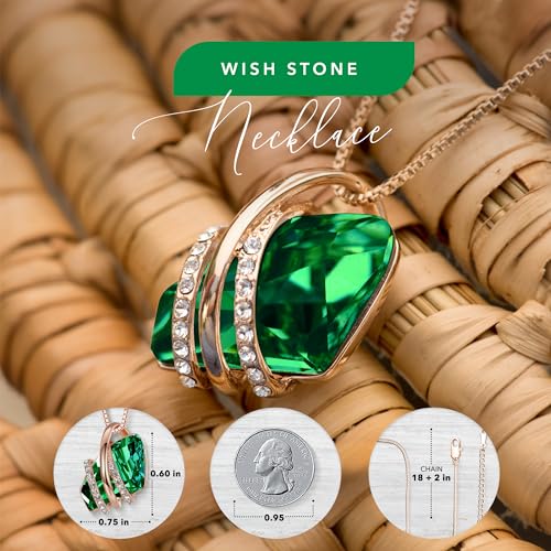 Leafael Wish Stone Pendant Necklace with Green Birthstone Crystal for May, 18K Rose Gold Plated, 18" + 2" Chain - Image 3
