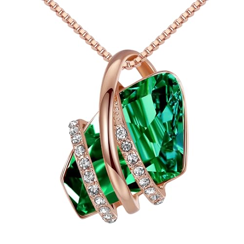 Leafael Wish Stone Pendant Necklace with Green Birthstone Crystal for May, 18K Rose Gold Plated, 18" + 2" Chain - Image 1