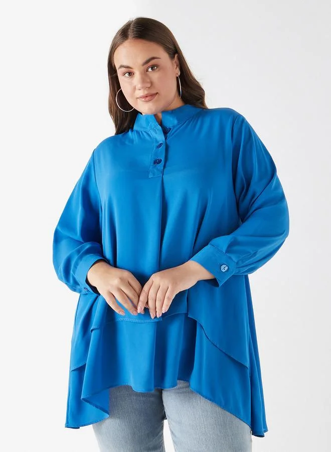 Ulla Popken Plus Size Ulla Popken High Low Top with Long Sleeves