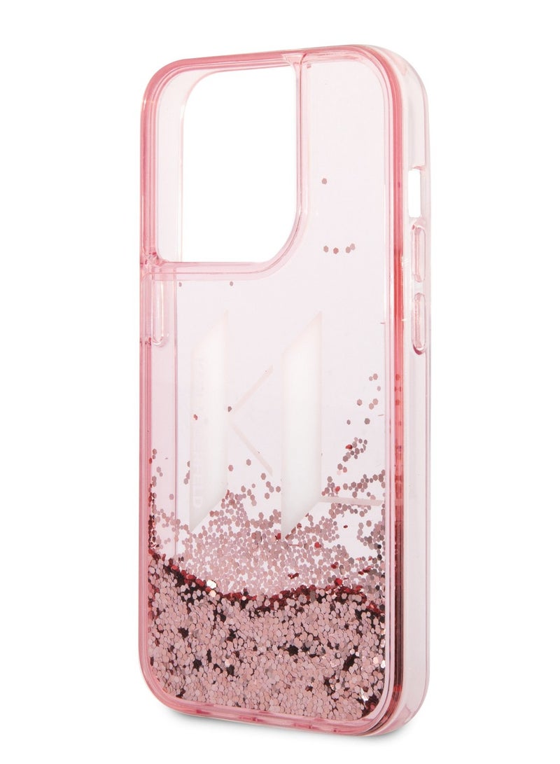 كارل لاغرفيلد حافظة سائلة لامعة بشعار KL كبير لهاتف آيفون 14 برو - وردي - Image 1