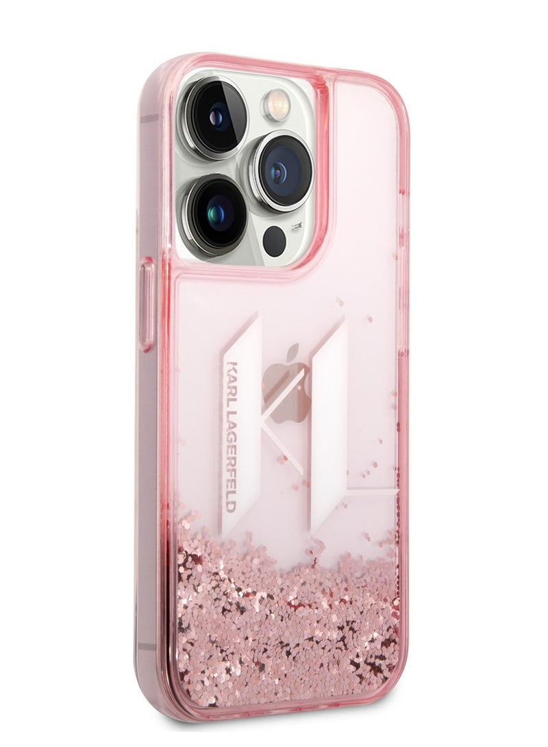 كارل لاغرفيلد حافظة سائلة لامعة بشعار KL كبير لهاتف آيفون 14 برو - وردي - Image 2