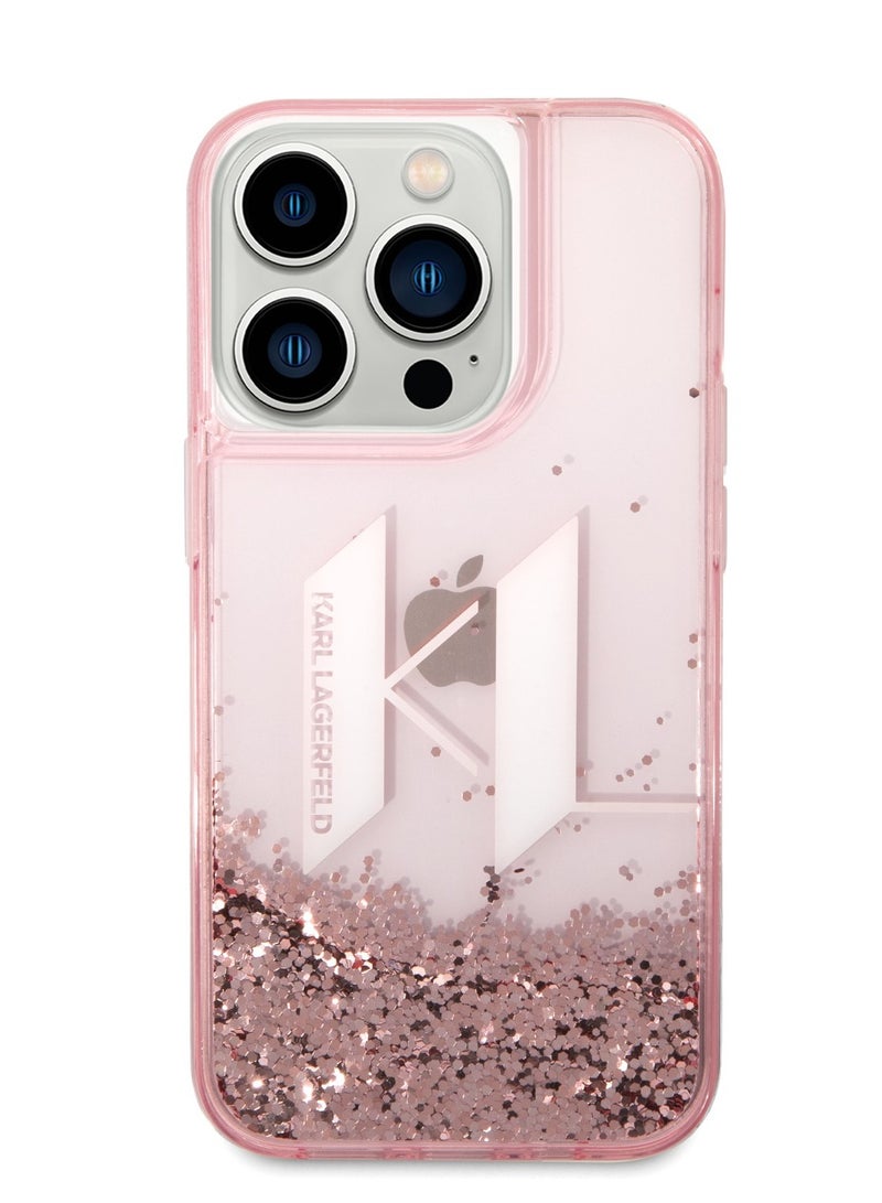 كارل لاغرفيلد حافظة سائلة لامعة بشعار KL كبير لهاتف آيفون 14 برو - وردي - Image 3