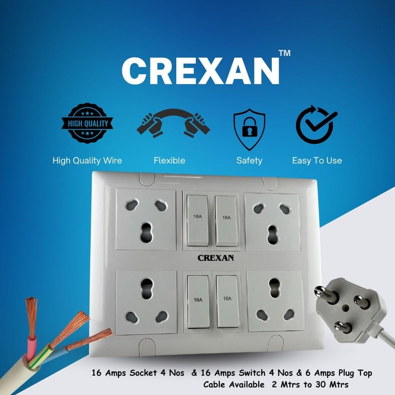 Crexan Extension Board 16A 2500 Wattage with 6A16A Socketwith Safety Shutter 16A Switch 25 Sqmm 3 Core White Copper Wire for Heavy Duty Home Appliance 2500 Wattage Small Plug 5 Meter - Image 3