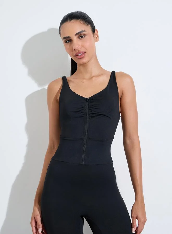Styli Active  Black Solid Zip-Up Low Back Strappy Active Unitard for Women | Best Price UAE