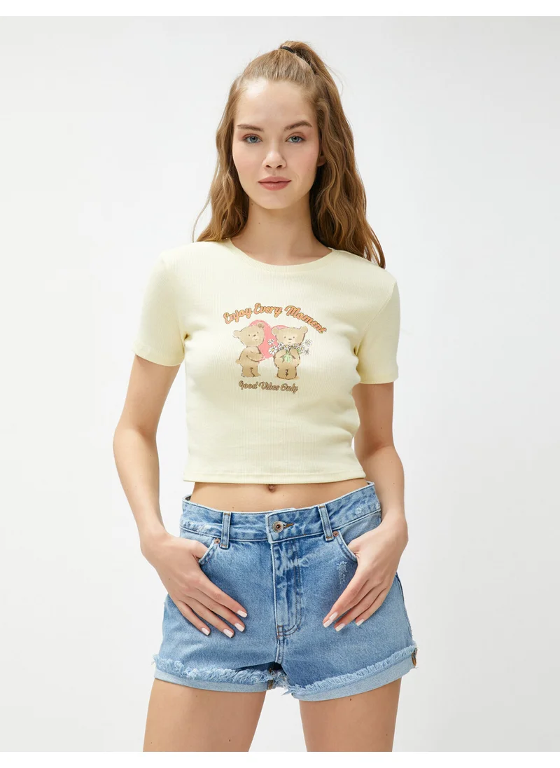 KOTON Crop T-Shirt Printed Crew Neck Short Sleeve Cotton