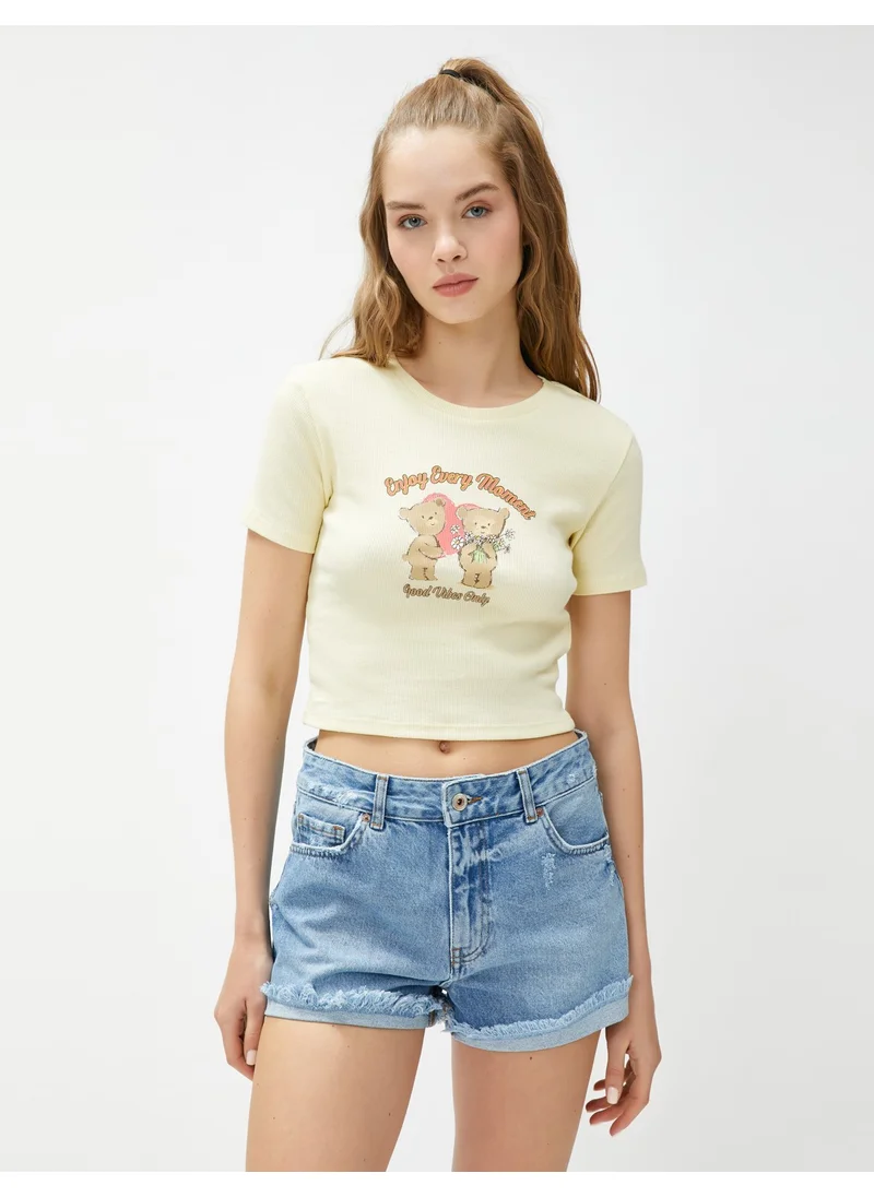 KOTON Crop T-Shirt Printed Crew Neck Short Sleeve Cotton