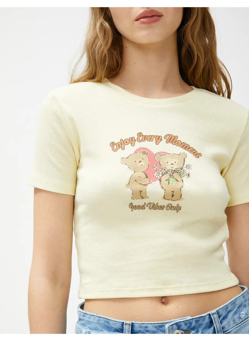 KOTON Crop T-Shirt Printed Crew Neck Short Sleeve Cotton