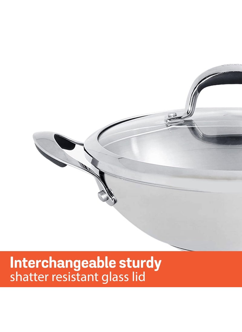 MEYER Meyer Select Nickel Free Stainless Steel 28cm Frypan + 30cm Kadhai | Kadai with Lid, 3 Piece Cookware Set (Induction & Gas Compatible), Silver  - Image 5