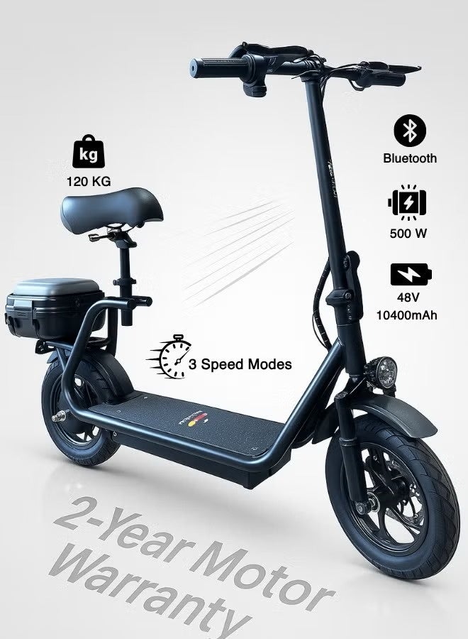 Electric scooter with extra seat and storage box | Adult electric scooter | Electric scooter with seat | Monster scooter | Two-seater electric scooter | Foldable electric scooter | 48V | 500W motor | Front and rear lights | Shock absorbers | Storage box | Extra passenger seat | 120 kg weight capacity | 12-inch tires - Image 1
