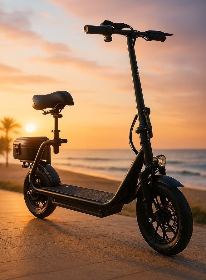 Electric scooter with extra seat and storage box | Adult electric scooter | Electric scooter with seat | Monster scooter | Two-seater electric scooter | Foldable electric scooter | 48V | 500W motor | Front and rear lights | Shock absorbers | Storage box | Extra passenger seat | 120 kg weight capacity | 12-inch tires - Image 2