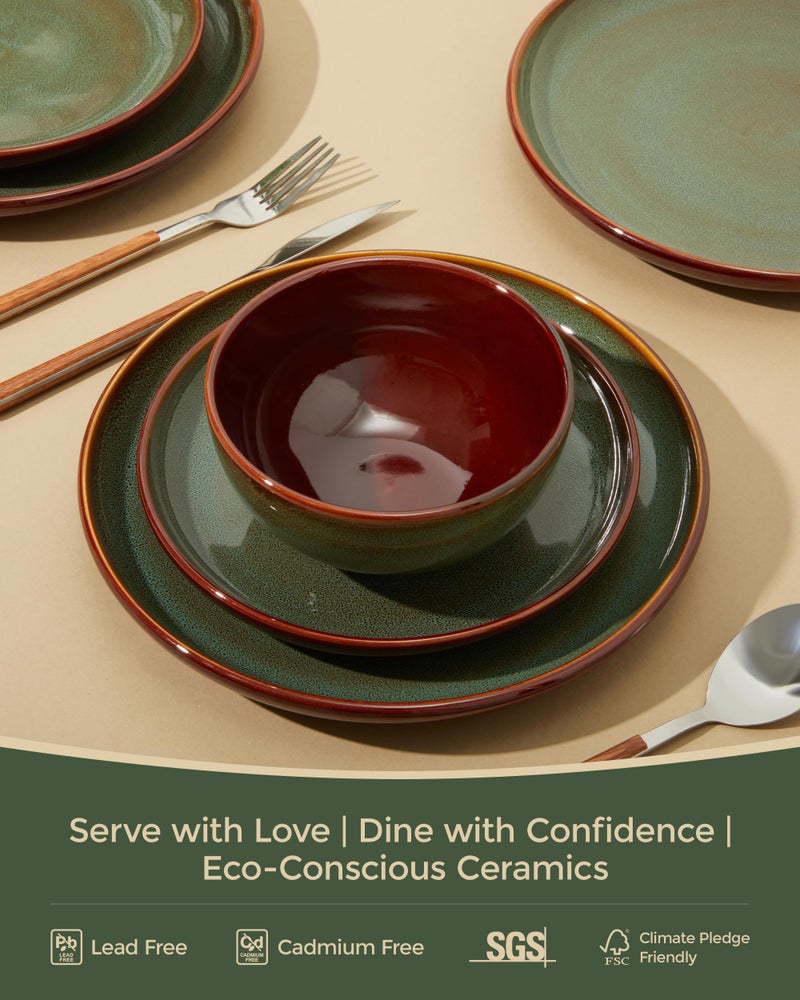 Pokini Stoneware Dinnerware Sets for 6, Microwave Safe Plate and Bowl Set, Easy to Clean & Durable Dishes Sets for Small to Medium Families, Sage Green - Image 4