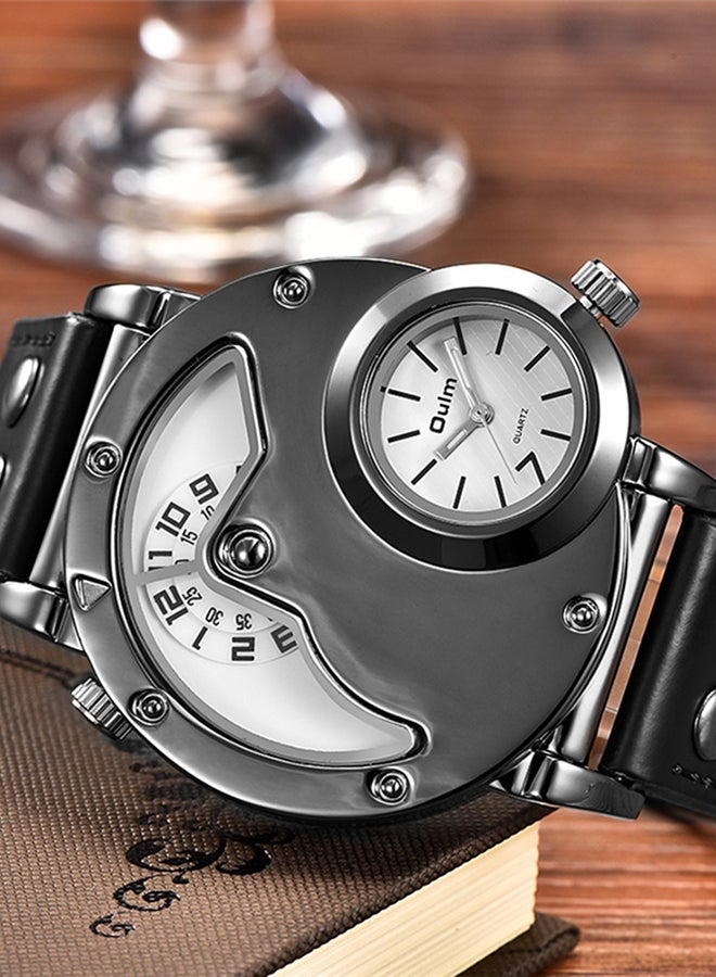 Oulm Men's Leather Analog Wrist Watch J3667W-KM - 42 mm - Black - Image 2