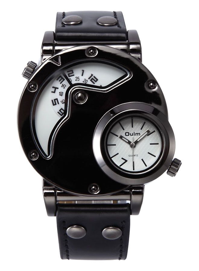 Oulm Men's Leather Analog Wrist Watch J3667W-KM - 42 mm - Black - Image 1