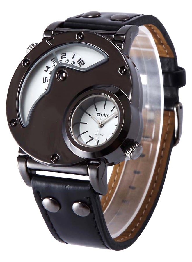 Oulm Men's Leather Analog Wrist Watch J3667W-KM - 42 mm - Black - Image 3