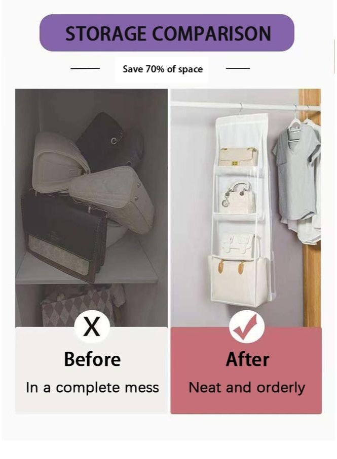 BAEKO Handbag Hanging Organizer with 6 Pockets, Foldable Oxford Cloth Hanging Purse Organizer, Handbag Storage Hanger Closet Organizer for Family Closet Bedroom (White) - Image 2