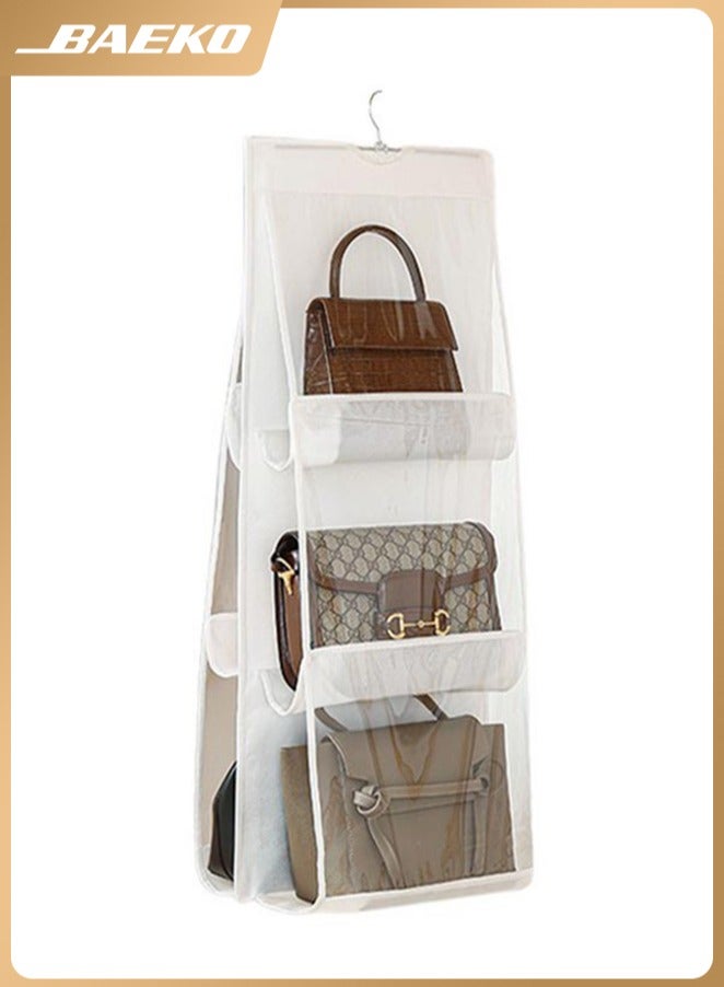 BAEKO Handbag Hanging Organizer with 6 Pockets, Foldable Oxford Cloth Hanging Purse Organizer, Handbag Storage Hanger Closet Organizer for Family Closet Bedroom (White) - Image 1