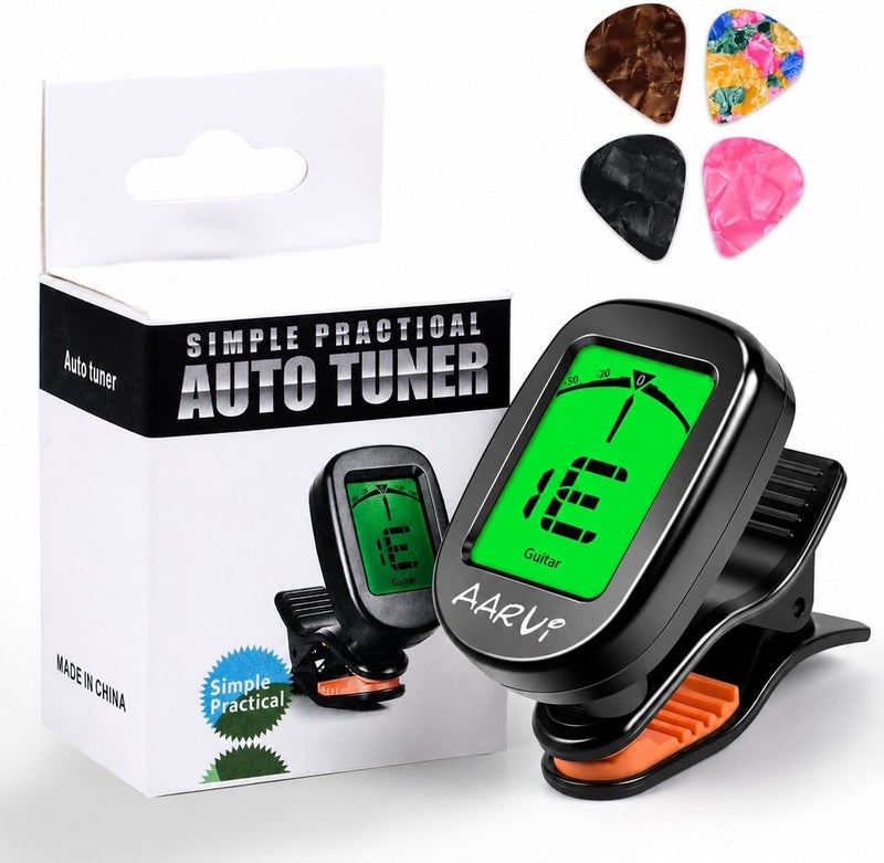 Aarvi Clip On Guitar Tuner for All Instruments, Acoustic/Electric Guitar, Ukulele, Bass, Violin, Banjo, Large Clear LCD Display for Guitar Tuner, Chromatic Tuner, 4 Pack Guitar Picks Included - Image 1