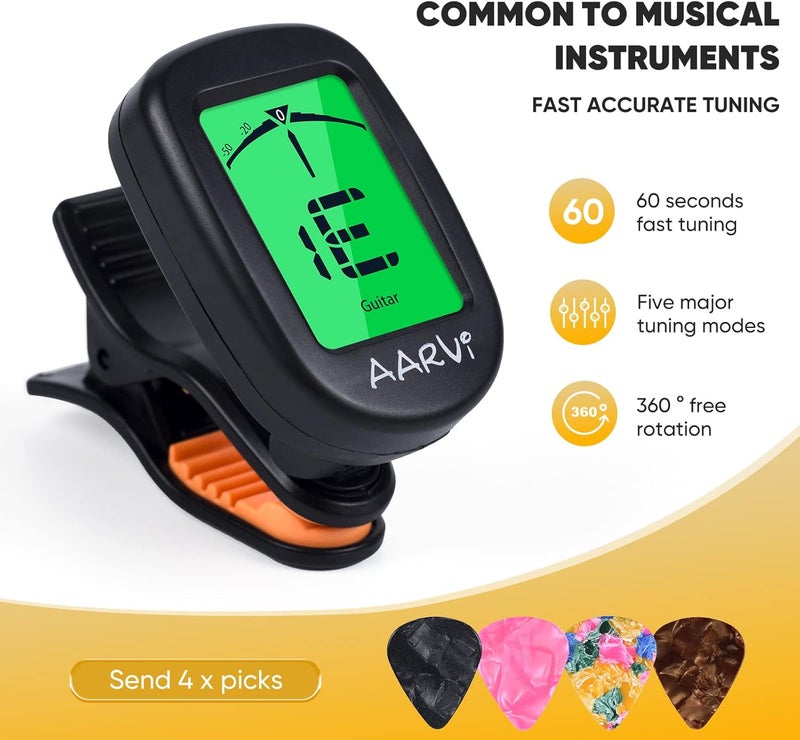 Aarvi Clip On Guitar Tuner for All Instruments, Acoustic/Electric Guitar, Ukulele, Bass, Violin, Banjo, Large Clear LCD Display for Guitar Tuner, Chromatic Tuner, 4 Pack Guitar Picks Included - Image 2